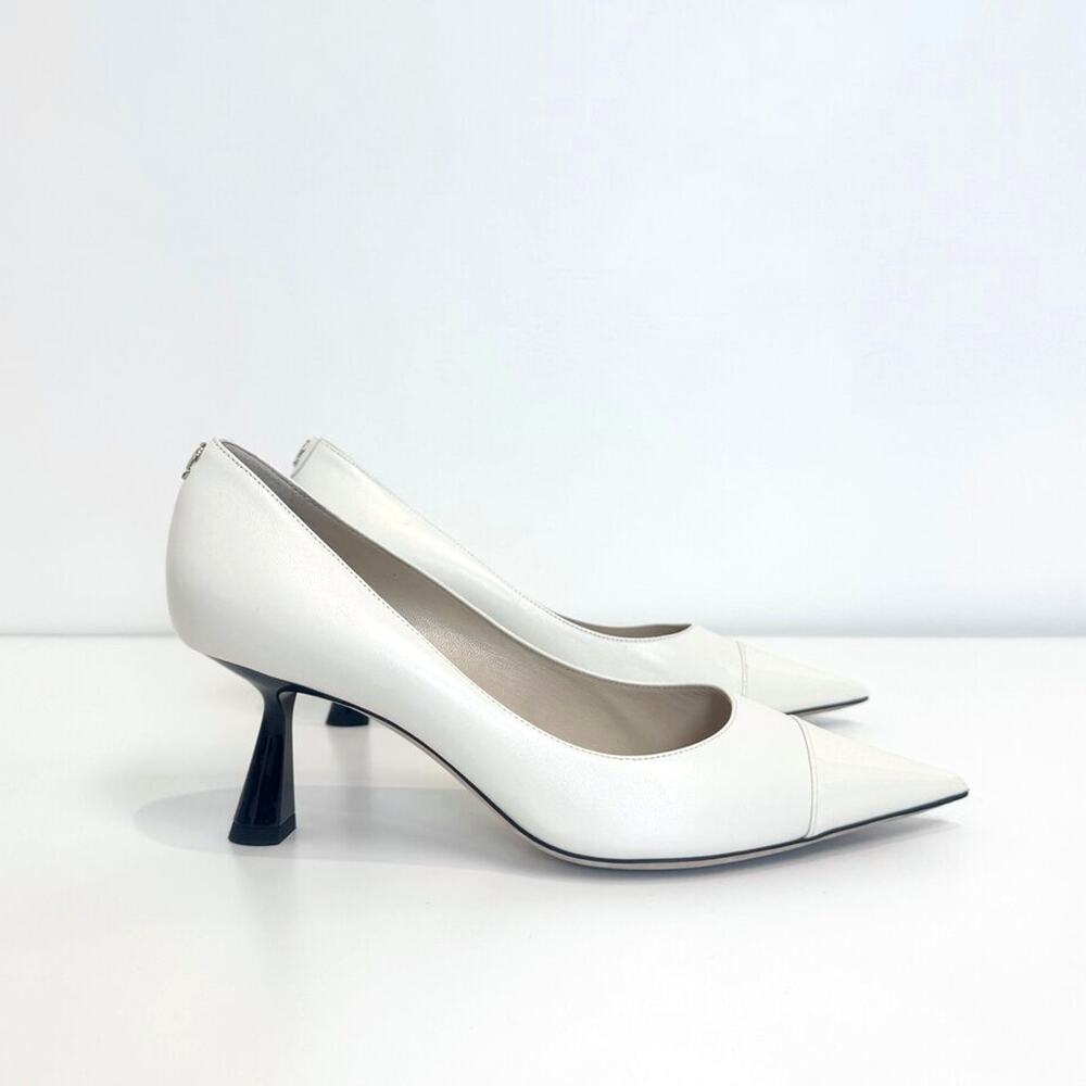 JIMMY CHOO Rene 65 White Cap Toe Point Pumps 38 Leather Black Heels Bridal Shoes